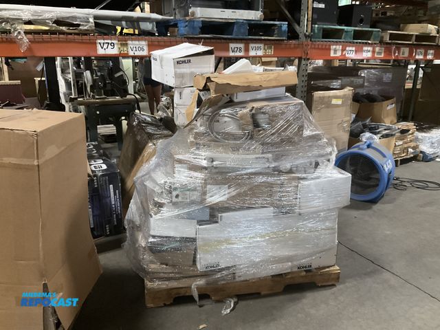 Lot 2-95117 - Skid lot of various items including 3” canisters, faucets, shower heads, and more