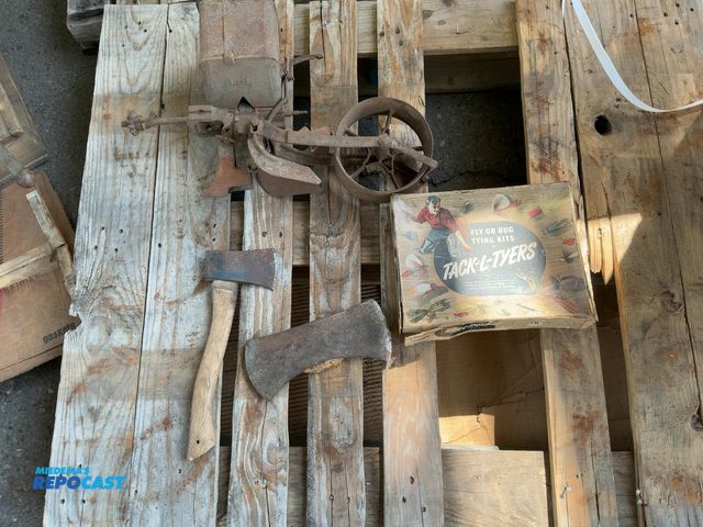 Lot 2-96736 - Vintage Plant JR Planter, (2) Collin’s Axes (one  with handle, one without), &amp; Fishing Tack-L-Ty...