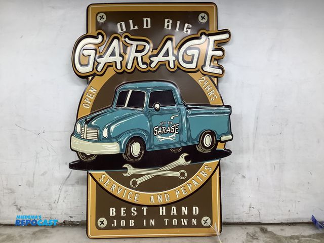 Lot 2-56947 - metal embossed die cut 3166. old big garage pick up truck 33" x 22"