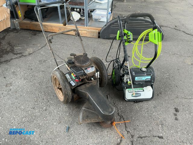 Lot 2-18259 - Lot of (2) 1- Briggs &amp; Stratton double wheel weed whip, green works 2000 psi pressure washer