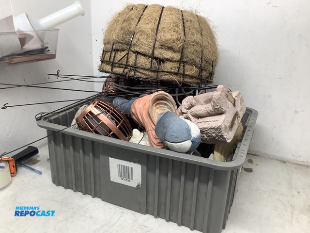 Lot 2-93514 - Lot of one box with many different types of lawn decor and small statues and a plant hanging basket,...