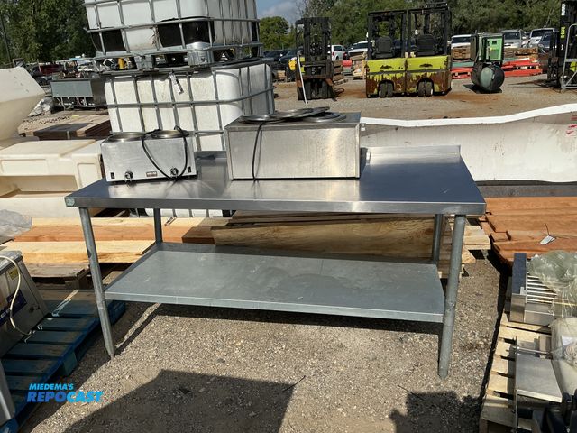 Lot 2-99540 - 72”x29.75”x35”H 2-shelf stainless steel table, a Server TWIN FS 81210 120V two pot water-bath warmer...
