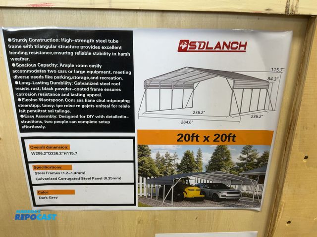 Lot 2-41177 - New SDLANCH 20’x20’ Steel Carport, 236.2” wide x 236.2” deep x 115.7” tall overall, 84.3” Sidewall H...