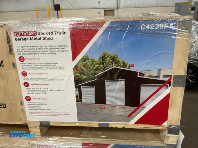 Lot 2-41164 - New SDLANCH 42’ x 30’ Triple Garage Metal Shed, Wine Red, NO DOORS INCLUDED, 1.5 MM Steel Frame, 0.3...