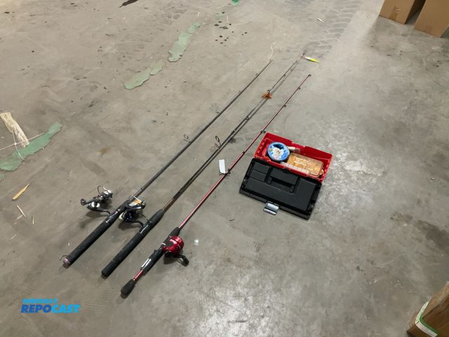 Lot 2-19400 - Lot of (3) Fishing poles and a box of miscellaneous tackle, various brands