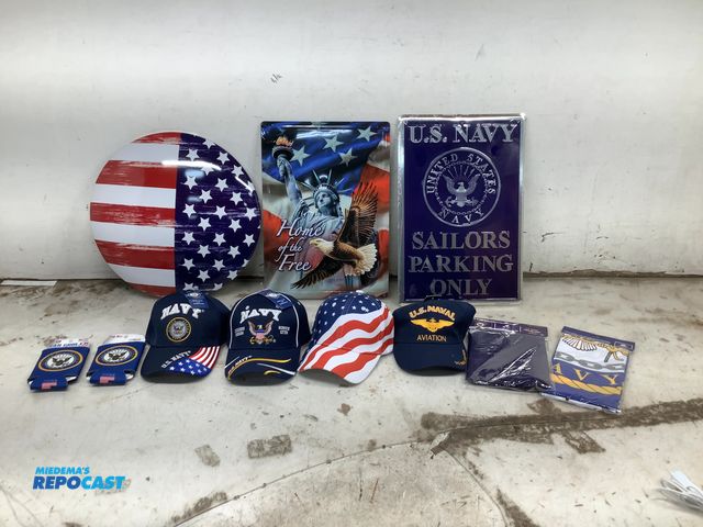 Lot 2-74519 - Lot of USA Stuff Including NAVY Hats, Can Coolers, Banners, and Signs