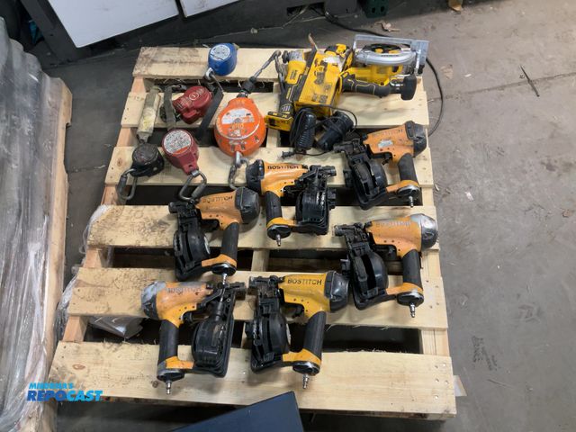 Lot 2-19546 - Skid lot of miscellaneous Bostitch nailers, dewalt tools, scales, etc.