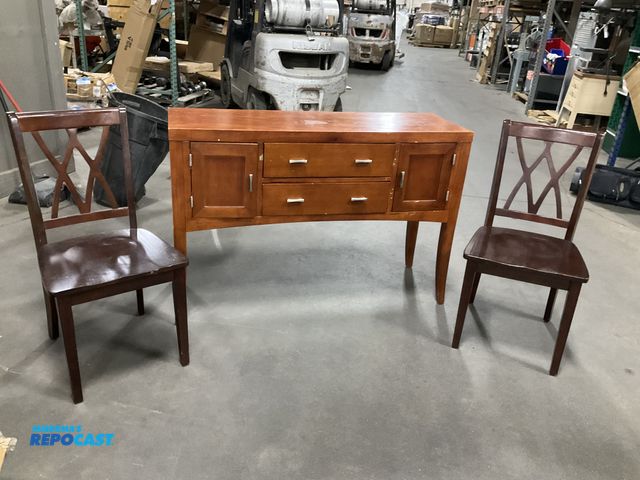 Lot 2-76946 - 52” x 17” x 35” Wooden Desk with 2 drawers and 2 cabinets and (2) Wooden Chairs