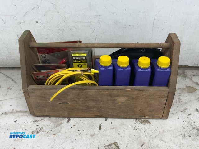 Lot 2-13138 - Antique carpenters wooden toolbox filled with new tools, 4 quarts new oil, and new
battery terminal ...