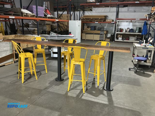 Lot 2-49925 - 6 Piece Like-New Dining Set Including: Metal Frame Wood-Top Table- 143”x18”x43” &amp; 5 Metal 30” Ba...