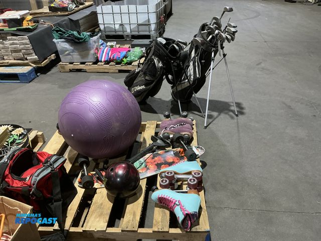 Lot 2-55513 - Skid lot of assorted items including: roller skates, golf clubs with bags, bowling balls etc. All pr...