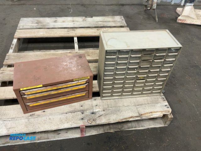 Lot 2-40409 - Lot of (1) Metal 3-Drawer Organizer with Assorted Drill Bits, 14-3/4"x7-1/2"x8" tall, and (1) Plasti...