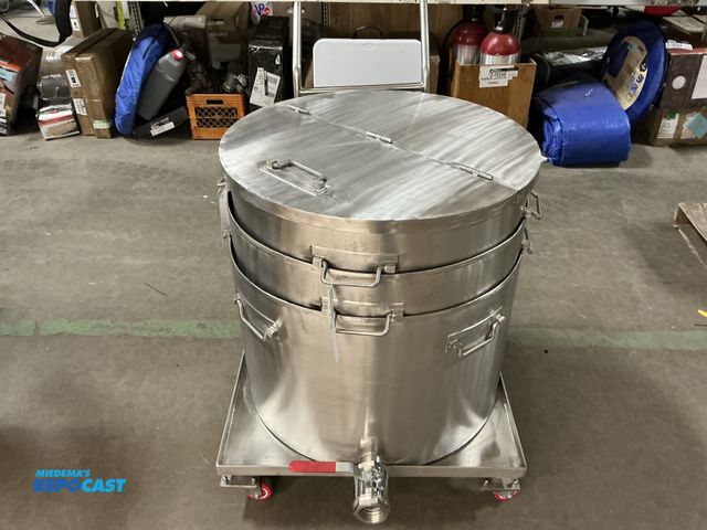 Lot 2-92181 - Three 160 qt NSF brewing stock pots - stainless steel. Made in India, comes with spigot cart and lid...