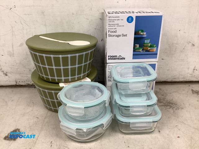 Lot 2-76935 - Lot of glass and plastic food storage containers and serving bowls with spoons from brand room essen...