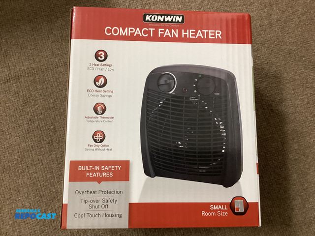 Lot 2-62890 - New Konwin Compact Fan Heater.  Three heat settings, adjustable thermostat, fan only option. ECO Hea...