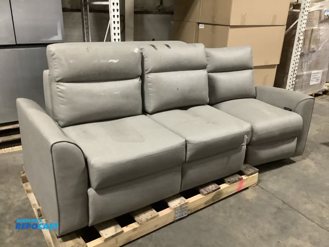 Lot 2-73152 - Gray 3 cushion couch with recliner on side and fold out bed