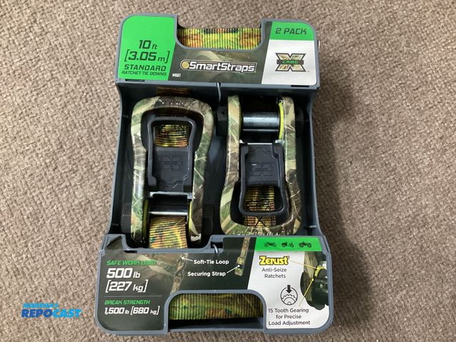 Lot 2-92901 - New 2 pack of 10 foot Ratchet Smart Strap tie downs. Camouflage, 500lb safe work load, 1500lb breaki...