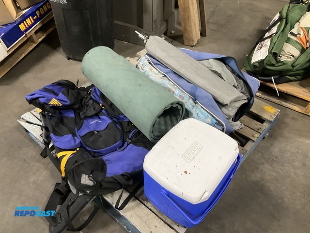 Lot 2-64219 - Lot of camping gear a Coleman lunchpail/cooler, a sleeping mat, a supported red cloud backpack, and ...