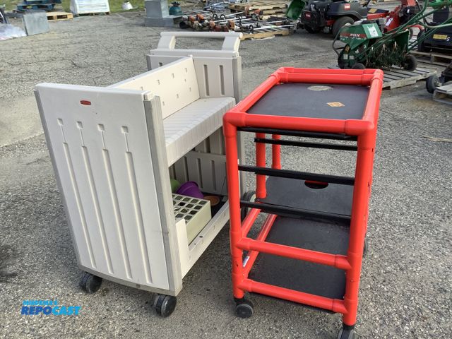 Lot 2-94965 - Medical crash cart measuring 32” x 19” x 3’. with Rubbermaid garden cart