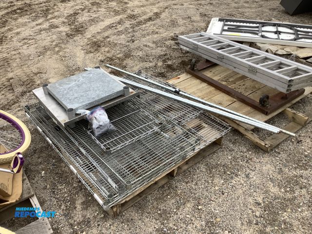 Lot 2-74474 - Metal Shelves  Shelving unit parts, includes 9 different sized shelves, (3) poles, and 2 platforms