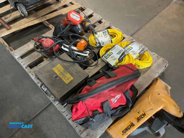 Lot 2-18962 - Skid Lot of Assorted Tools, Cables, Winch, and More