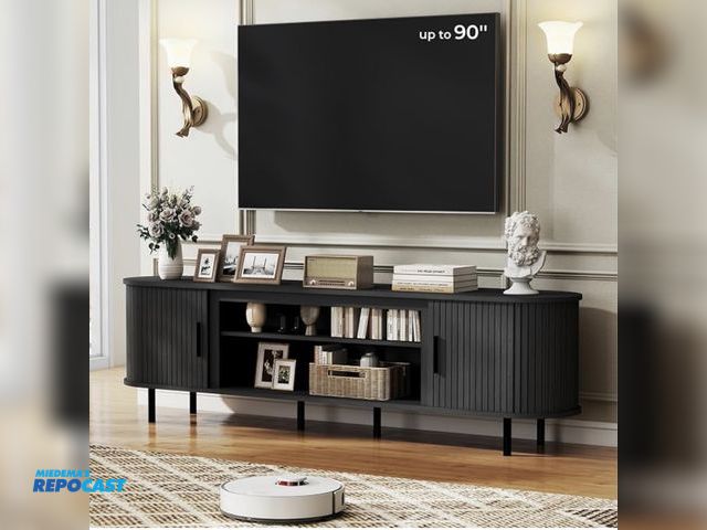 Lot 2-27997 - HKTS019-BK Wooden Storage cabinet tv stand, Curved Mid Century Modern Design, Media TV Console for L...