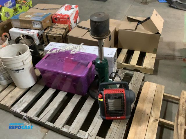 Lot 2-19321 - Skid lot of (5) items including a bin of Christmas (2) propane heaters, LED sign and a 4 light vanit...
