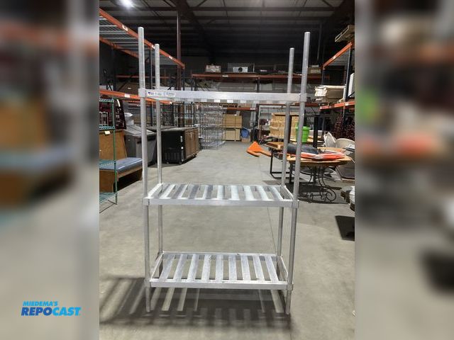 Lot 2-55118 - 42” width x 76” height x 18” depth aluminum rack with 3-adjustable height shelves.