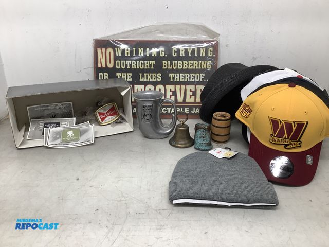 Lot 2-35478 - lot of collectable metal signs, copper shoe 1940's, brass bell, 2 beer items, wounded warrior items,...