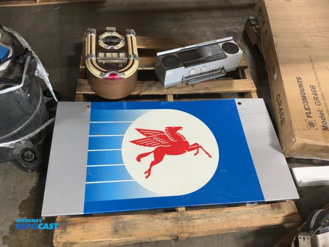 Lot 2-91326 - Vintage Mobil Oil Pegasus Horse Sign, Vintage Crosley Jukebox Radio, and Emerson XLC450 Television B...