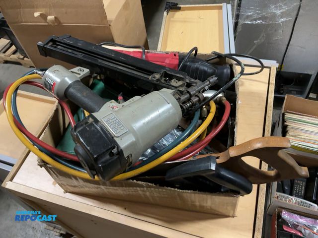 Lot 2-96548 - Box of Pneumatic Nailer, Sawzall, Wrenches, Handsaws, Pressure Gauges, and More