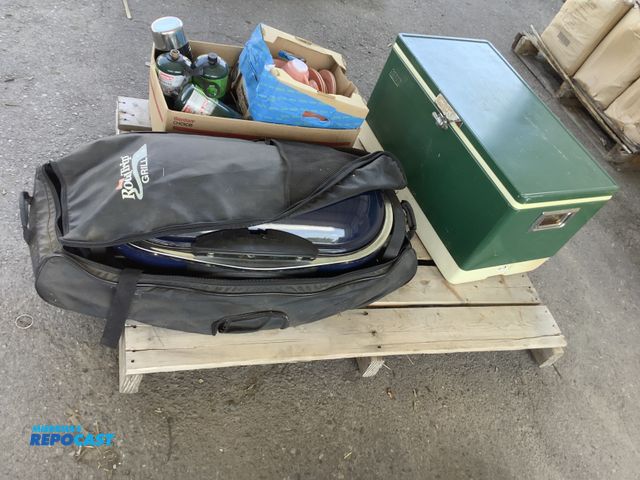 Lot 2-99163 - Skid lot of various items including: Coleman outdoor propane tanks, pink glass ware set, Coleman roa...