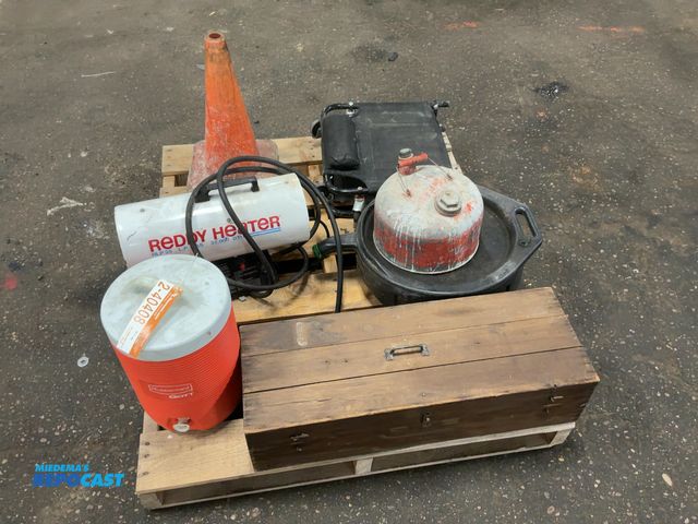 Lot 2-40408 - Skid of assorted items including Reddy Heater 35,000 BTU Propane Torpedo Heater, Folding Creeper, (2...