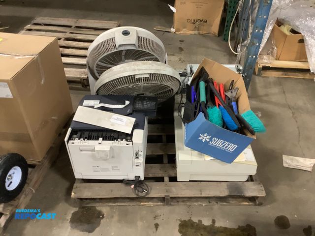 Lot 2-60931 - Skid Lot Including Printers, Fans, and a Box of Snow Brushes/Ice Scrapers