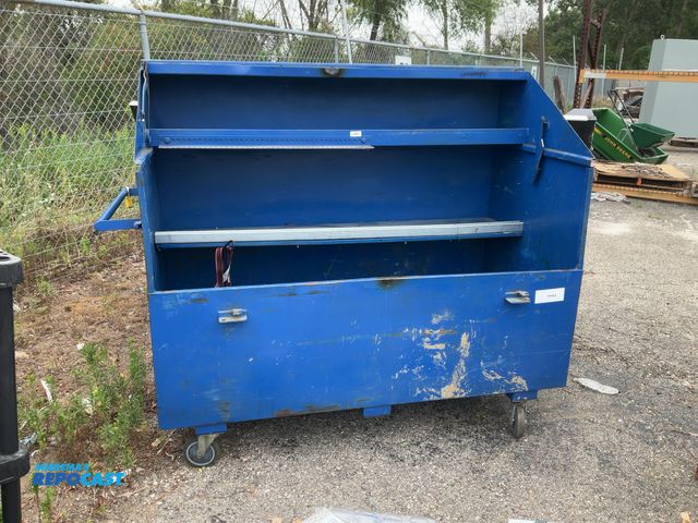 Lot 2-18510 - Blue metal drop box on wheels approx. 60”x31”x54”