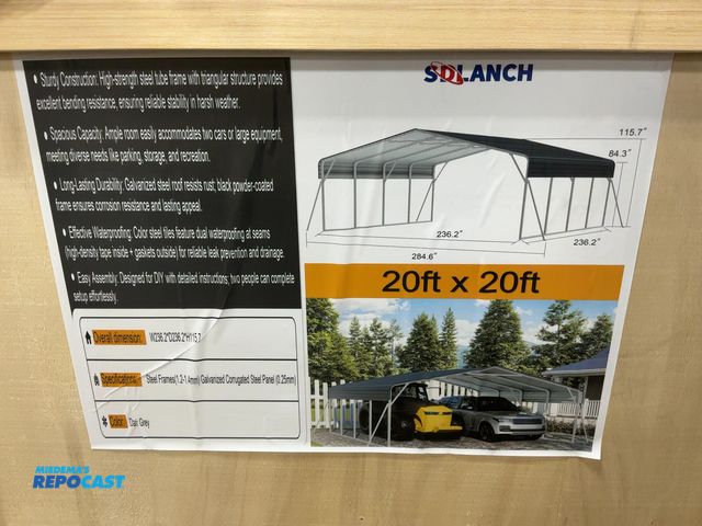 Lot 2-43496 - New SDLANCH 20’x20’ Steel Carport, 236.2” wide x 236.2” deep x 115.7” tall overall, 84.3” Sidewall H...