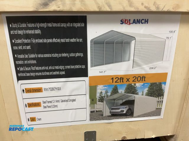 Lot 2-42592 - New SDLANCH 12’x20’ Carport with Enclosed Sidewalls, Cream Color, 141.7” wide x 236.2” deep x 100.8”...