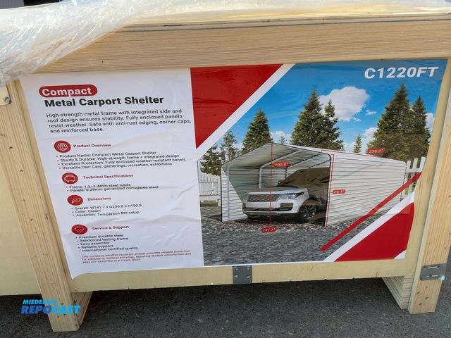 Lot 2-43971 - New SDLANCH 12’x20’ Carport with Enclosed Sidewalls, Cream Color, 141.7” wide x 236.2” deep x 100.8”...