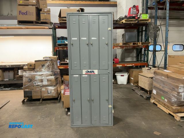 Lot 2-18518 - Grey metal locker unit with 8 lockers, approximately 7’ x 33” x 21”