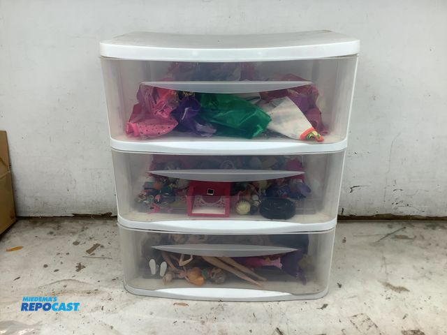 Lot 2-35289 - 3-Drawer Plastic Storage Container with Dolls, Clothes, and Accessories