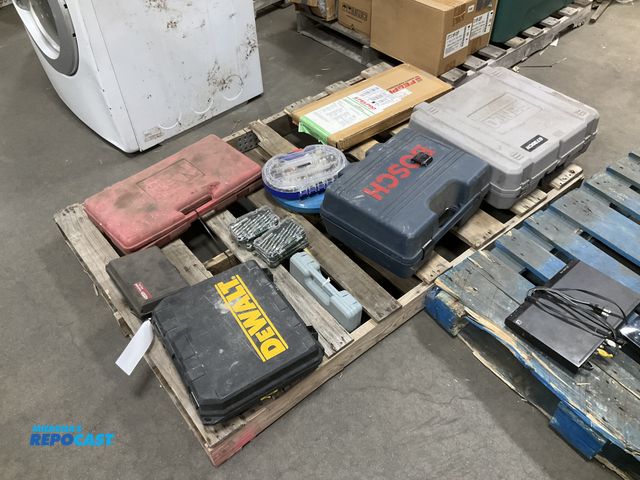 Lot 2-25732 - Skid lot of tools and tool kits including DeWalt blade kit, Dayton kit, cal-hawk rubber sanding kit,...