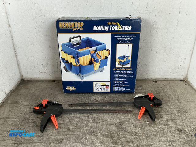 Lot 2-76318 - (2) 12” Ratchet Bar Clamp/Spreaders, and (1) 104-Piece Rolling Tool Crate with Various Tools