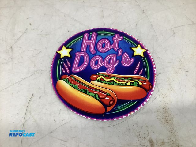 Lot 2-74495 - 7.75” Diameter Circular Metal “Hot Dog” Sign with Pre-Drilled Holes for Hanging