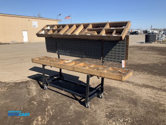 Lot 2-42446 - Metal frame parts bin hanger rack with wood divider shelves, 99” wide x 28” x 65-3/4” T overall, on ...