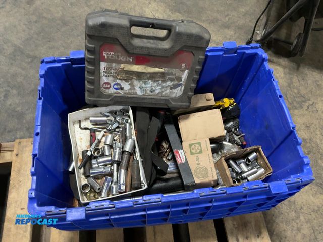 Lot 2-27810 - Crate of misc told including socket sets, grinder wheels, pry bars, and more