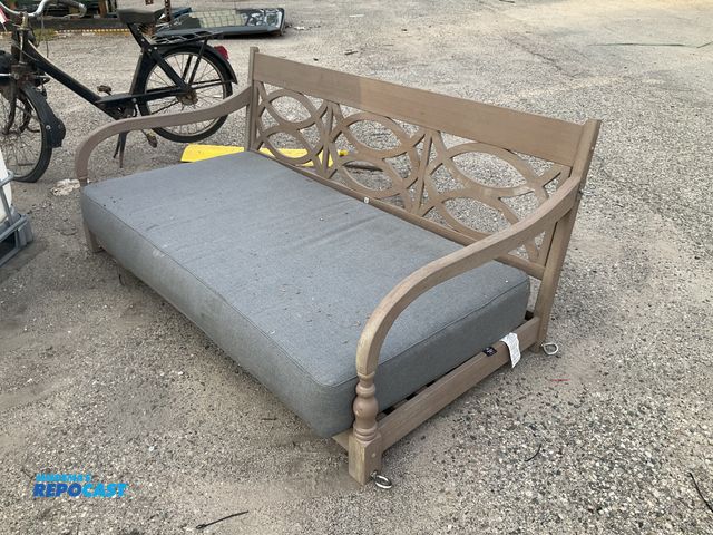 Lot 2-27400 - Tan Sofa Porch swing couch painted brown wood with gray cushion 67” x 33”