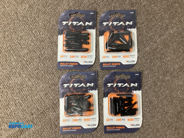Lot 2-36639 - New Titan by Allen 100 grain, 9/32” diameter bullet point arrow tips. 4 packs of 12