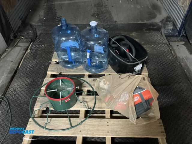 Lot 2-93349 - Skid Lot of Miscellaneous Items Including 2 5 Gallon Water Bottles, Christmas Tree Stand, Craftsman ...