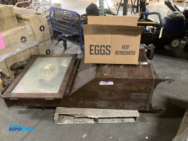 Lot 2-35863 - Skid of a Large Wooden Hutch, Mirror and a Box of Assorted Dolls and Accessories