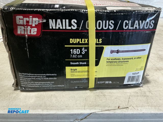 Lot 2-96332 - (1) 50 pound box  of Grip Rite 3” duplex nails bright, smooth shank.